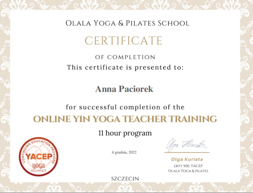 Certyfikat Yoga Alliance YACEP Yin Yoga Anna Paciorek