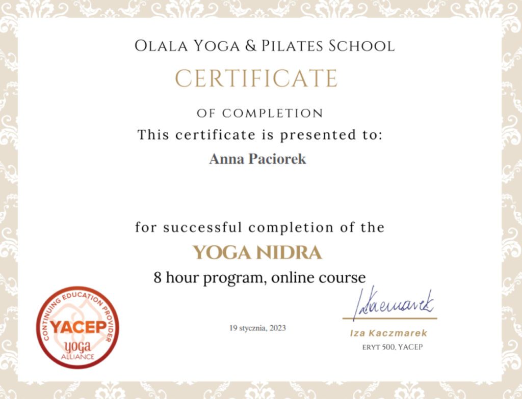 Anna Paciorek certyfikat Yoga Alliance Yoga Nidra YACEP