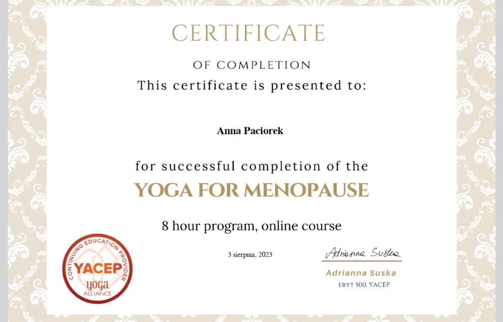Joga w menopauzie Anna Paciorek certyfikat