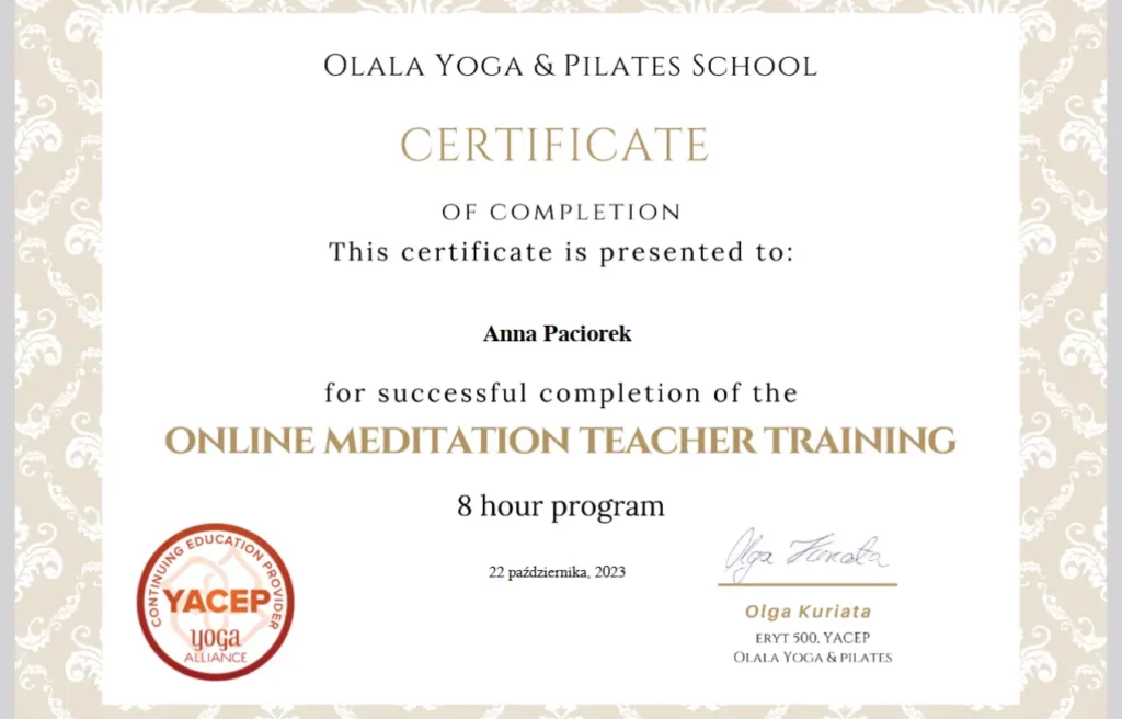 Kurs Jogi Medytacja krok po kroku certyfikat Anna Paciorek